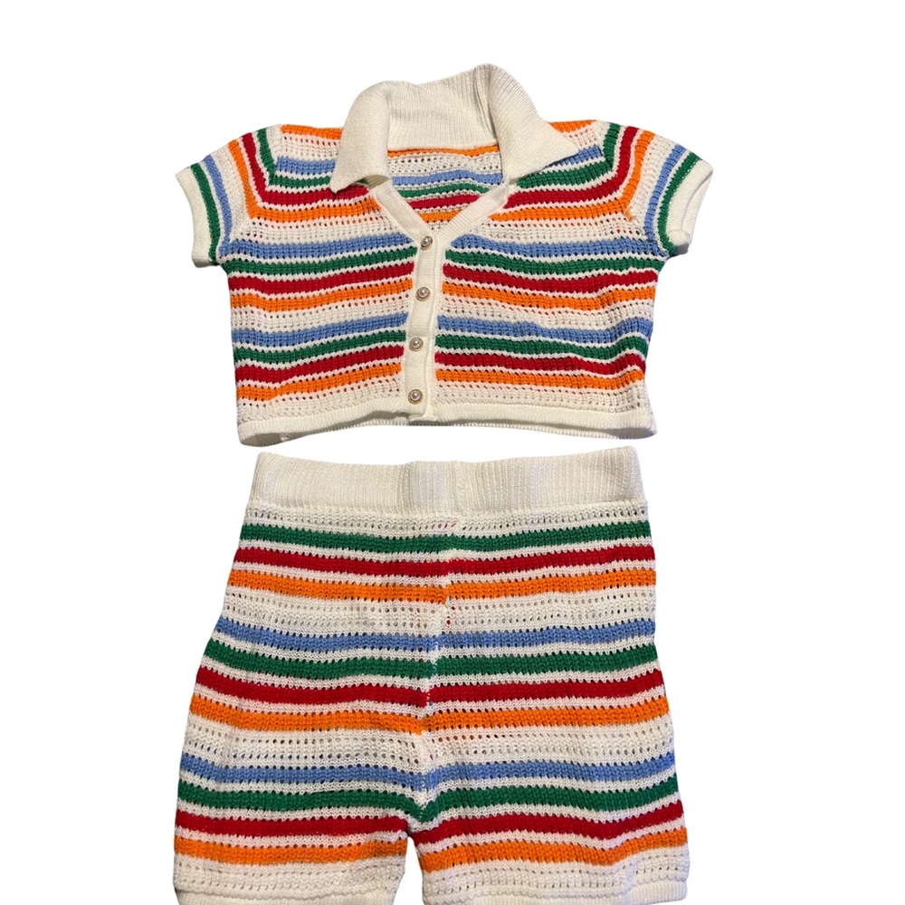 Knotted Striped Hollow Short sleeved 2 piece set